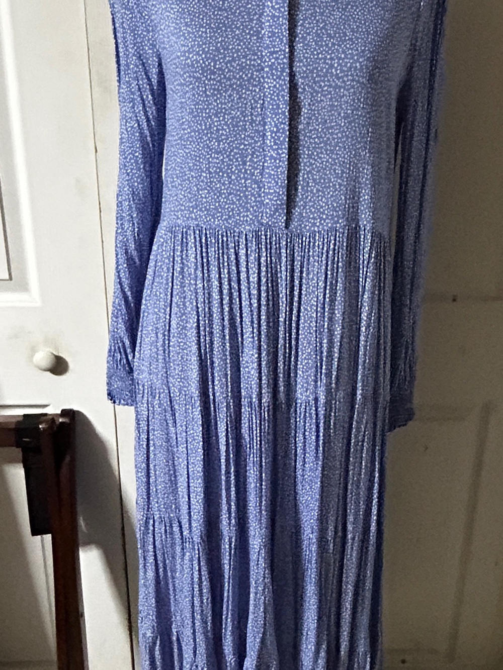 Dress Forum Light Blue Long Sleeve Tiered Maxi Dress with Micro Dot Print